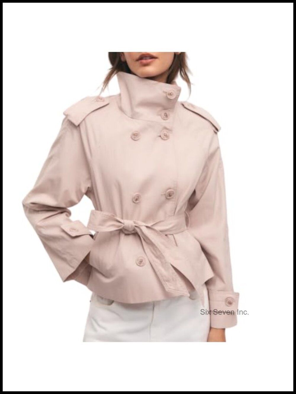 Cropped Trench Coat Double Breasted Belted Pea Coat